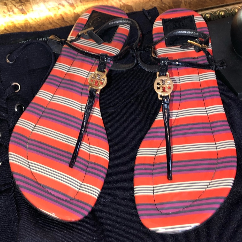Tory Burch Multi-Color Striped Gold T-Strap Sandal